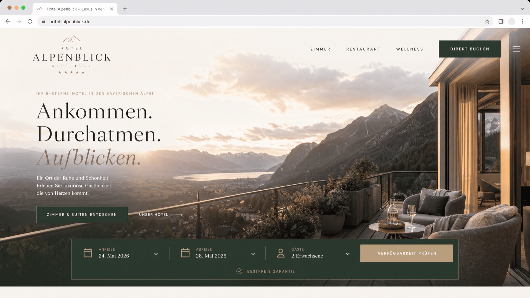 Premium-Hotel-Website mit Bergpanorama und Direkt-Buchen-Button